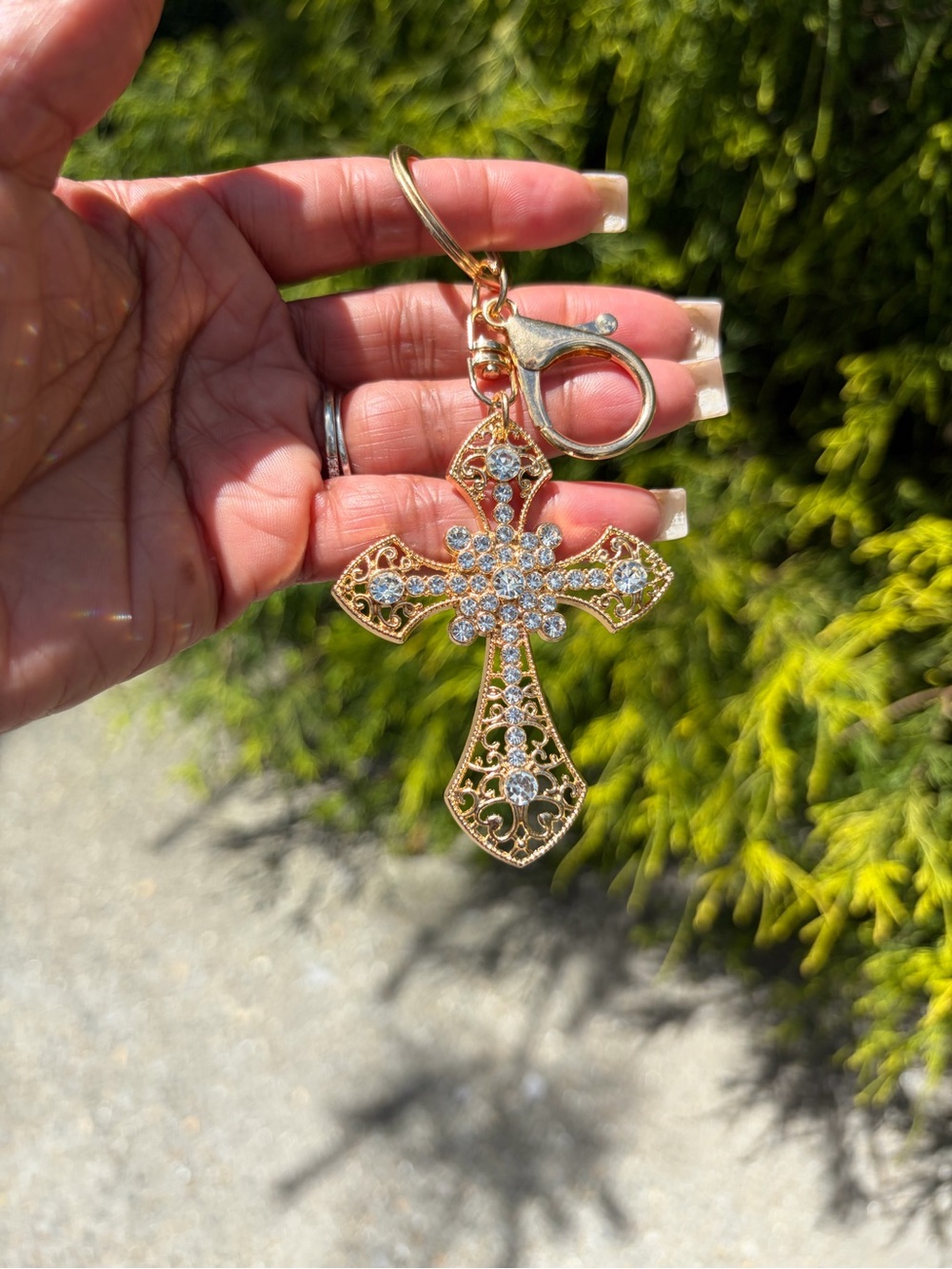 Rose Gold Cross Keychain with Crystal Accents - Picture 2 of 3